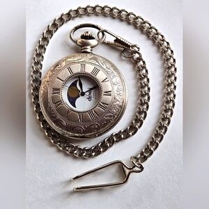 NWOT Dumai Sun Moon Dial Vintage Silver Etched Pocket Watch with Chain